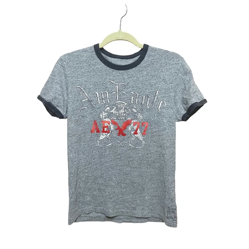 American Eagle Outfitters AE Gray Ringer T-Shirt Graphic Tee Mens XS AE77 Casual